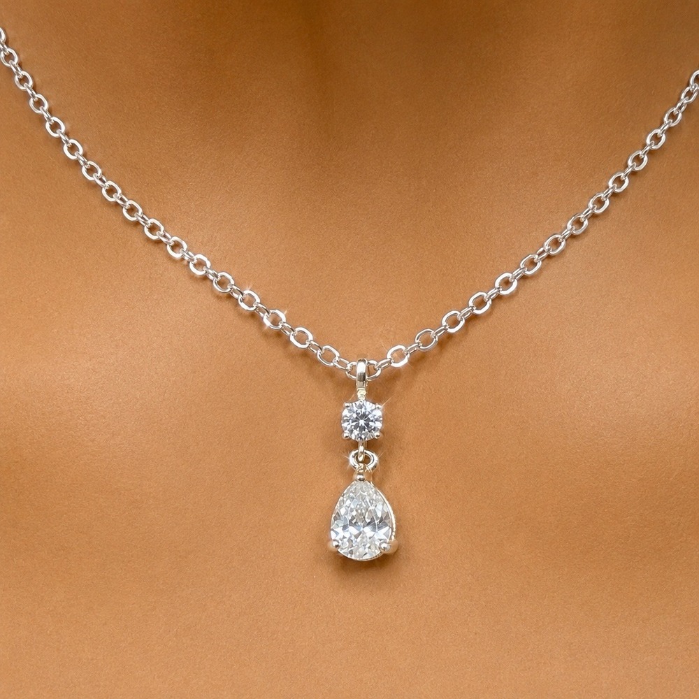 Vintage Clear Teardrop Necklace Made with Swarovski Crystal Silver Overlay